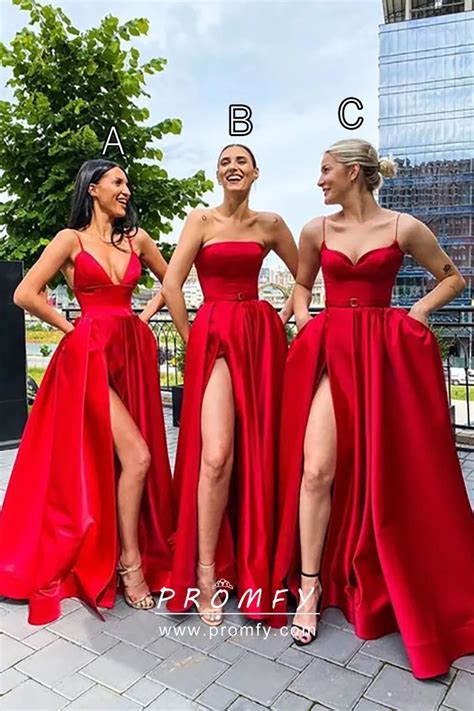 Pretty Red Satin A-line High-slit Graduation Prom Dress - Promfy