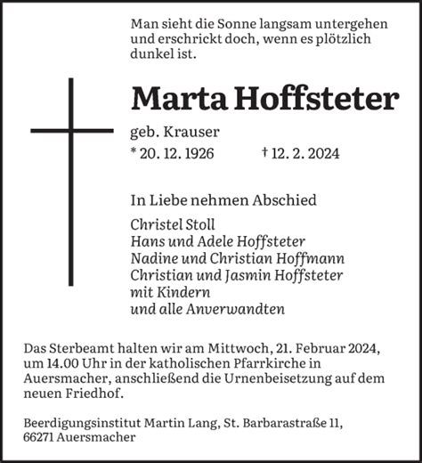 Traueranzeigen Von Maria Hoffsteter Saarbruecker Zeitung Trauer De