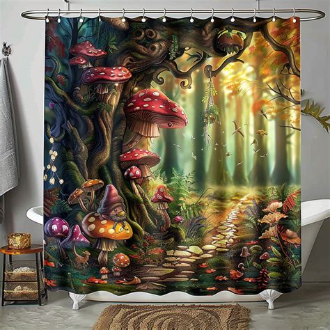 Enchanting Fantasy Forest Shower Curtain With Gnomes And Mushrooms