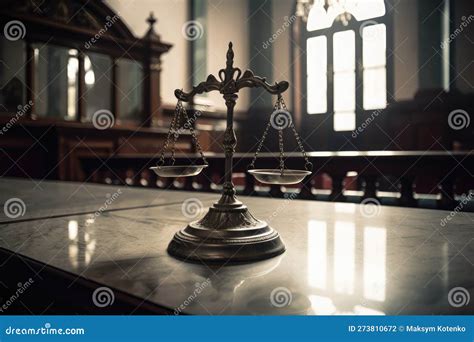 Law Theme Mallet Of Judge With Scales Of Justice In Courtroom