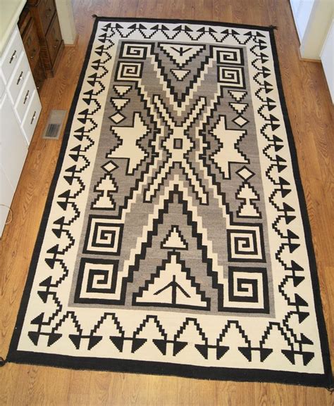 Historic Two Grey Hills Storm Pattern Variant Navajo Rug Weaving For