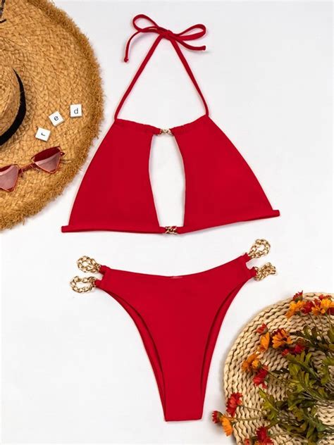 Emmiol Free Shipping Cutout Halter Bikini Set Red S In Bikini Sets