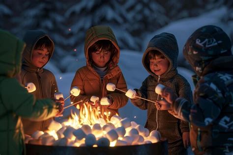 Premium Photo Group Of Kids Roasting Marshmallows And Making Smo