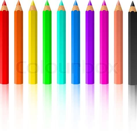 Row Of Standing Color Pencils Isolated On White Background Stock