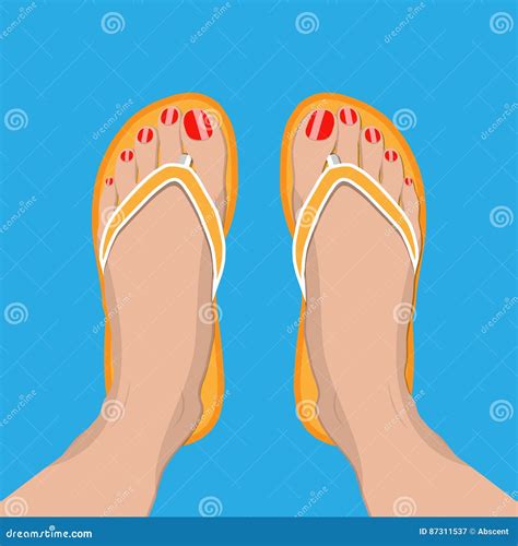 Женские ноги с красным Pedicure в кувырках лета Иллюстрация вектора ...