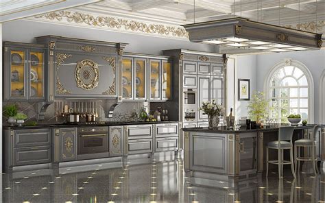 Classic kitchen design, gray kitchen classic interior, design gold ...