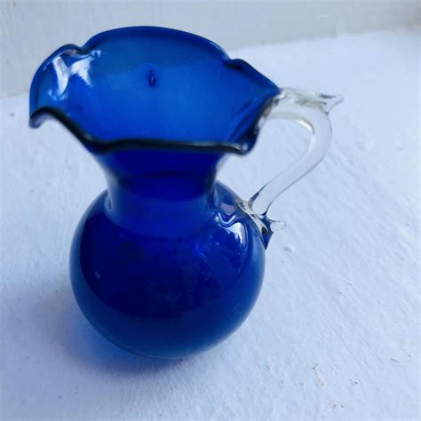 Blown Glass Small Pitcher Applied Clear Ornate Handle Ruffled Top Cobalt Blue Farmhouse