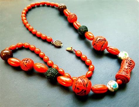 Vtg Art Deco Carved Cinnabar Red And Black Lacquered Bead Etsy Australia Beaded Necklace