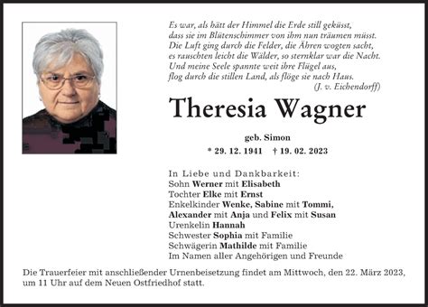 Traueranzeigen Von Theresia Wagner Augsburger Allgemeine Zeitung