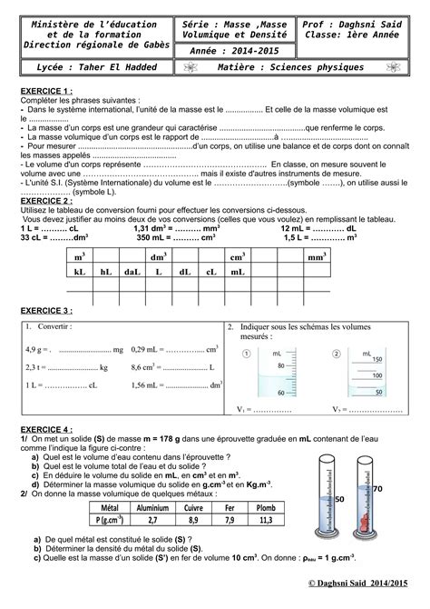 Serie Masse Masse Volumique Densit Pdf