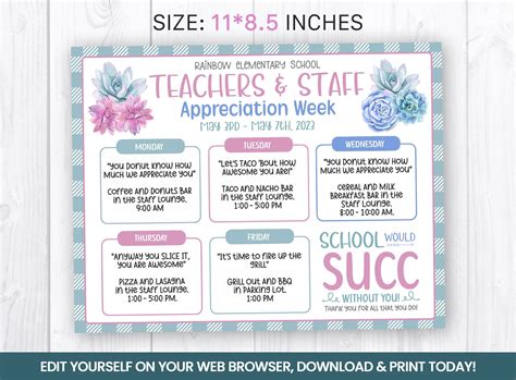 Editable Watercolor Succulent Teacher Staff Appreciation Flyer