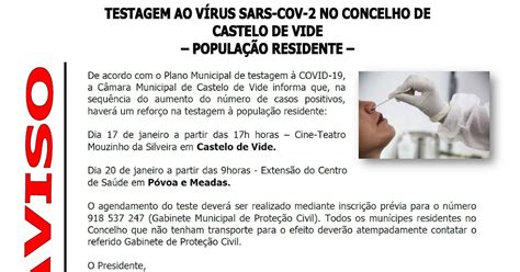 Notícias de Castelo de Vide Testagem municipal ao vírus Sars CoV 2