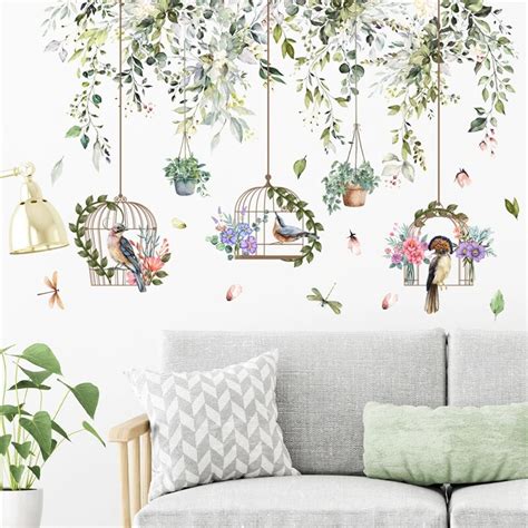 Green Leaves Bird Cage Wall Stickers For Living Room Bedroom Decoration