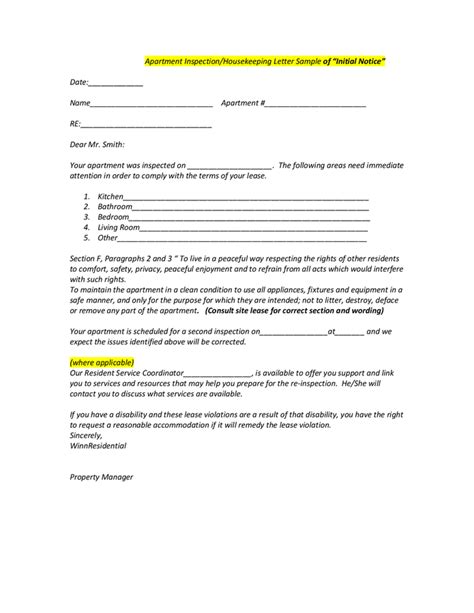 Apartment Inspection Housekeeping Letter Sample Of Initial Notice In Word And Pdf Formats