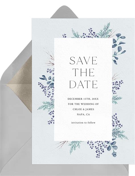 Delicate Foliage Save The Dates In Blue Greenvelope