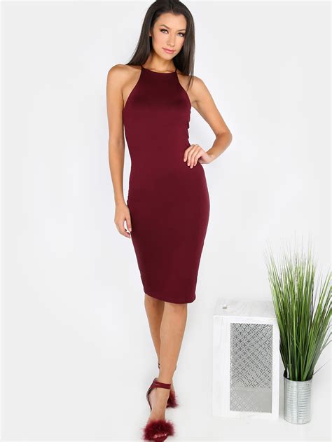 High Neck Bodycon Dress Burgundy Shein Sheinside