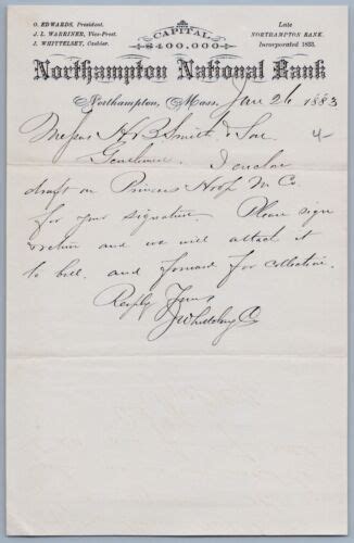 1883 Northampton National Bank Letterhead Massachusetts 400 000 Capital Ma Ebay