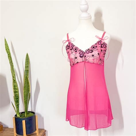 Pink Floral Mesh Lingerie Slip Dress With Adjustable Depop