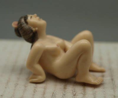 Japanese Bone Erotic Netsuke Naked Lady With Phallic Object Signed