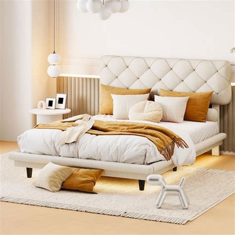 Harper And Bright Designs Beige Wood Frame Full Size Linen Upholstered Platform Bed With Led Light