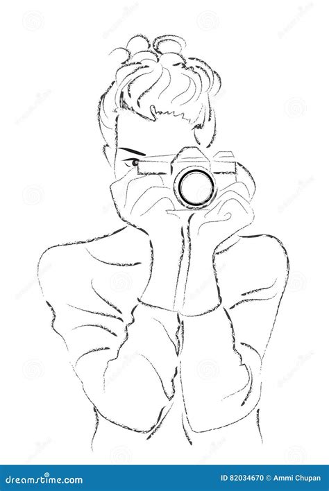 Photographer Woman Line Art Black And White Holding Camera Illustration