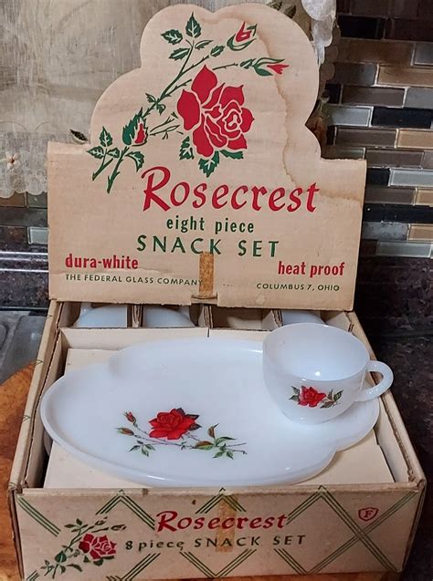 Vintage Federal Glass Rosecrest Piece Milk Glass Snack Set Red