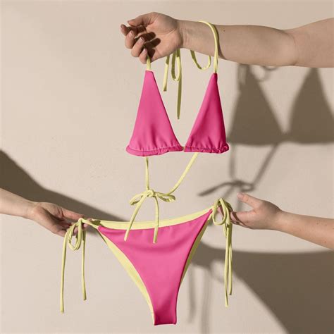 Fuchsia Pink String Bikini Set With Yellow Spaghetti Straps Etsy