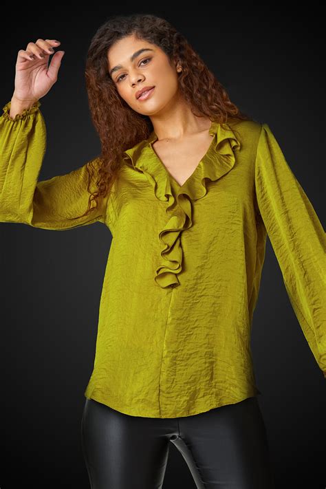 Olive Satin Ruffle Neck Blouse Roman Uk