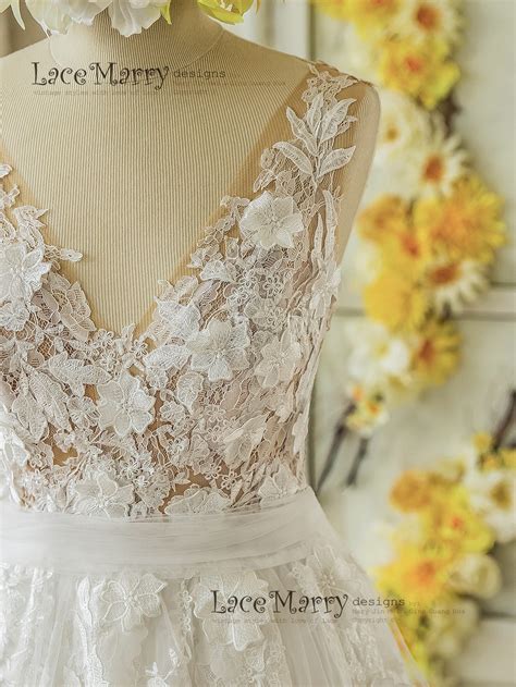 D Lace Boho Wedding Dress With Sheer Nude Top In V Cut Shape Etsy Uk