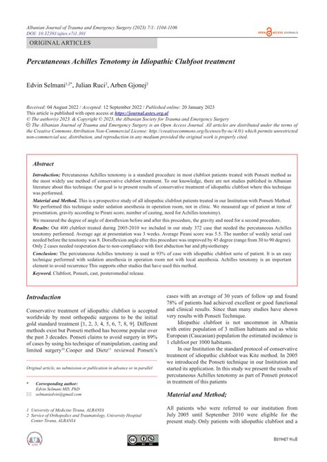 Pdf Percutaneous Achilles Tenotomy In Idiopathic Clubfoot Treatment