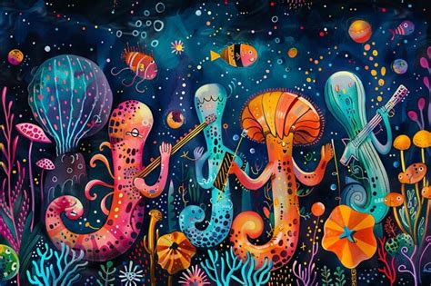 Whimsical underwater scene with funky sea creatures playing musical ...
