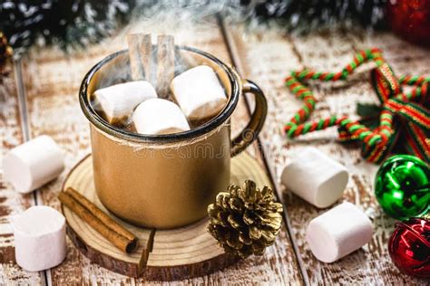 Hot Chocolate In Golden Copper Mug Hot Christmas Drink With Marshmallows Stock Image Image Of