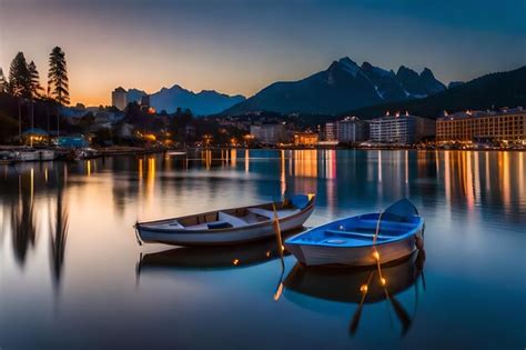 Um Lago Barcos E Montanhas Ao Fundo Foto Premium