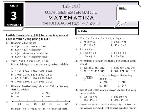 Soal Matematika Kelas 2 Sd Semester 1 Pelajaran Mu