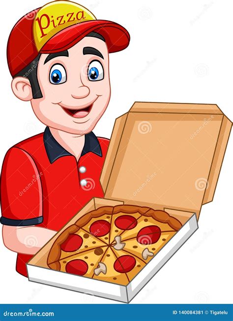 Pizza Deliveryman Holding Open Cardboard Box With Pepperoni Pizza Stock