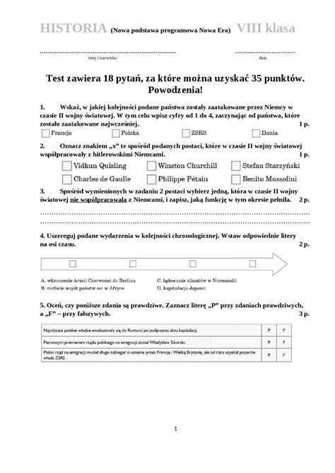 2 wojna światowa Historia klasa 8 Testy Historia Docsity