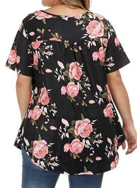 Floral V Neckline Casual Shift Blouses Short Sleeve Plus Blouses