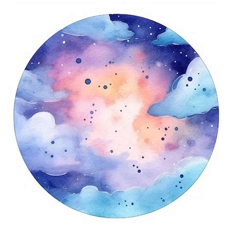 Pintura Acuarela De Un Círculo Con Nubes Y Estrellas Foto Premium