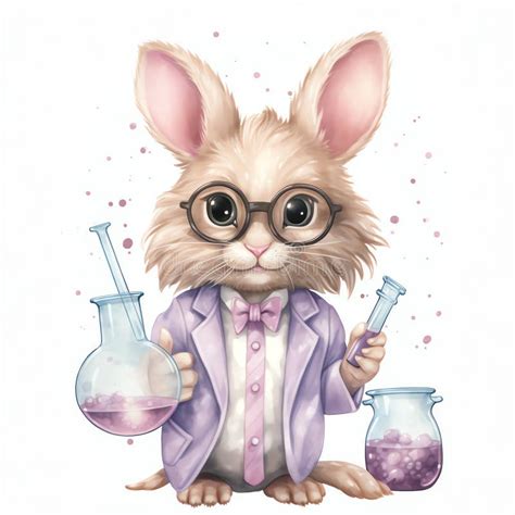 Mad Scientist Cute Bunny Pink Cute Bunny Watercolor Stock Illustration