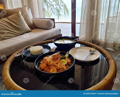 The Set Of Food Served In The Hotel Room Such As Tom Yum Fried Rice