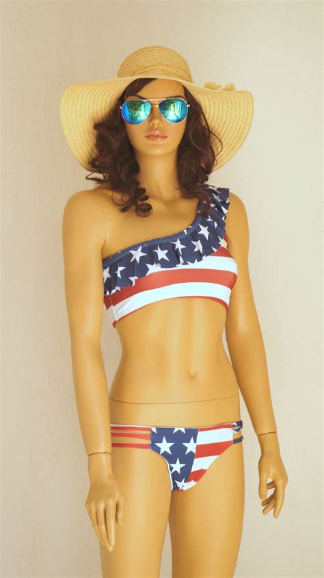 American Flag Ruffle Bikini Top Ruched Bottoms Swimsuit Plus Etsy