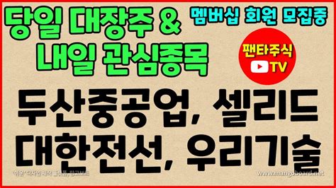 주식 대장주and 내일 관심종목두산중공업대한전선셀리드우리기술한전산업보성파워텍일진파워가온전선하림쌍방울티플랙스