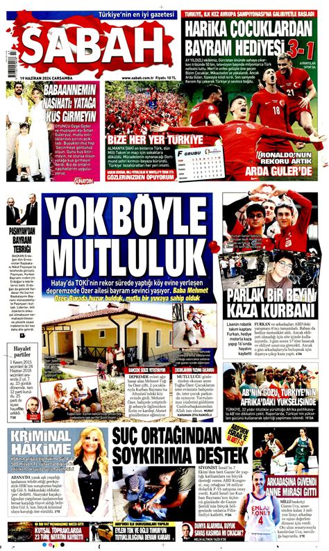 Sabah Gazetesi Sabah Manşet Oku Haberler 19 Haziran 2024