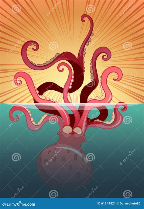 Giant Red Octopus On A White Background Sea Monster Kraken In Cartoon