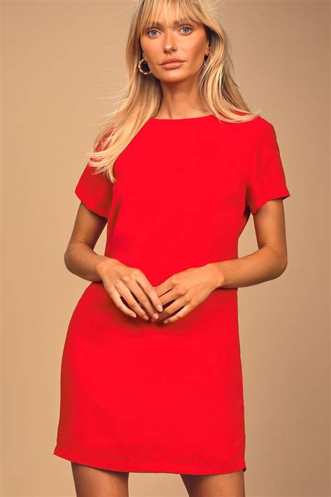 Chic Red Dress Shift Dress Short Sleeve Dress Lulus