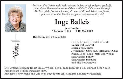 Traueranzeigen Von Inge Balleis Augsburger Allgemeine Zeitung