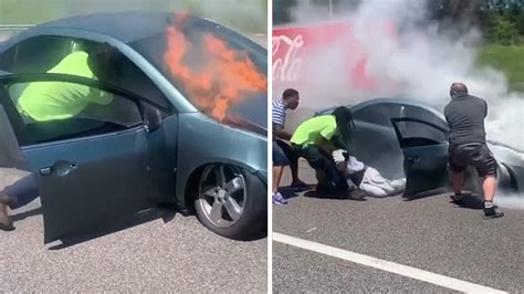 Man Trapped In Burning Car Saved By Good Samaritan At Last Second