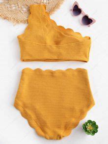 High Waisted Scalloped One Shoulder Bikini Set In MUSTARD ZAFUL