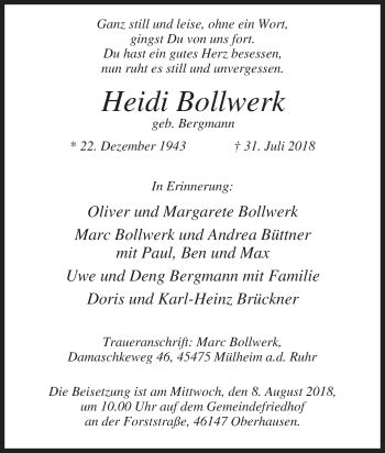 Traueranzeigen Von Heidi Bollwerk Trauer In NRW De