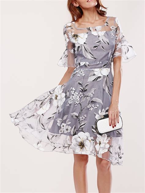 [41 Off] 2021 Spliced Flare Sleeve Floral Print Dress In Gray Dresslily